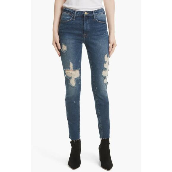 FRAME DENIM Womens Le High Raw Edge Skinny Jeans Distressed Medium Wash Size 27 - Picture 1 of 12